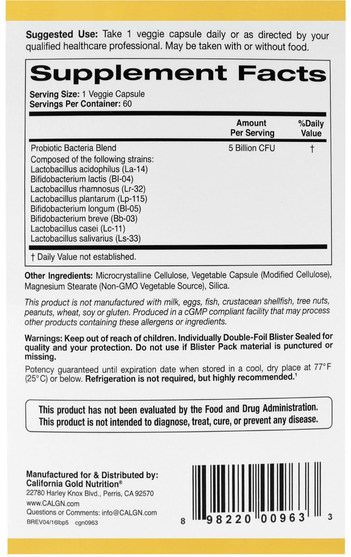 cgn lactobif益生菌，補充劑，益生菌 - California Gold Nutrition, CGN, LactoBif Probiotics, 5 Billion CFU, 60 Veggie Caps