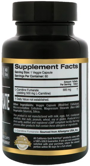 cgn純運動，cgn氨基酸，氨基酸，l肉毒鹼 - California Gold Nutrition, CGN, Sport, L-Carnitine Fumarate, 885 mg, 60 Veggie Caps