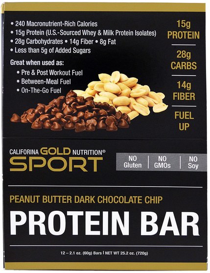 cgn純運動，cgn蛋白質 - California Gold Nutrition, CGN, Protein Bars, Peanut Butter Chocolate Chip, Gluten Free, 12 Bars, 2.1 oz (60 g ) Each