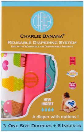 Reusable Diapering System, One Size Diapers, Girl, 3 Diapers + 6 Inserts by Charlie Banana, 兒童健康，尿布 HK 香港