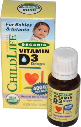Organic Vitamin D3 Drops, Natural Berry Flavor, 400 IU, 0.338 fl oz (10 ml) by ChildLife, 兒童健康，嬰兒，嬰兒補品，維生素D3 HK 香港