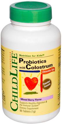 Probiotics, With Colostrum, Mixed Berry Flavor, 90 Chewable Tablets by ChildLife, 補充劑，牛製品，初乳，益生菌，兒童益生菌 HK 香港