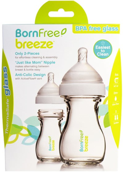兒童健康，嬰兒餵養，嬰兒奶瓶，兒童食品 - Born Free, Breeze, Baby Bottle, Glass, 0m+, Slow Flow, 2 Pack, 5 oz (147 ml) Each