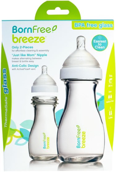 兒童健康，嬰兒餵養，嬰兒奶瓶，兒童食品 - Born Free, Breeze, Baby Bottles, Glass, Medium Flow, 1m+, 2 Pack, 9 oz (266 ml) Each