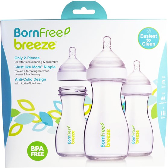 兒童健康，嬰兒餵養，嬰兒奶瓶，兒童食品 - Born Free, Breeze, Baby Bottles, Medium Flow, 1m+, 3 Pack, 9 oz (266 ml) Each