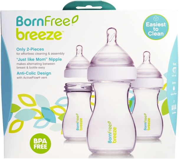 兒童健康，嬰兒餵養，嬰兒奶瓶，兒童食品 - Born Free, Breeze, Baby Bottles, Slow Flow, 0m+, 3 Pack, 5 oz (147 ml) Each