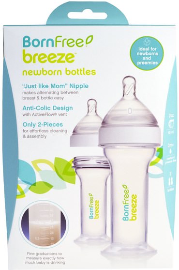 兒童健康，嬰兒餵養，嬰兒奶瓶，兒童食品 - Born Free, Breeze, New Born Bottles, Preemie Flow, 0m+, 2 Pack, 2 oz (60 ml) Each