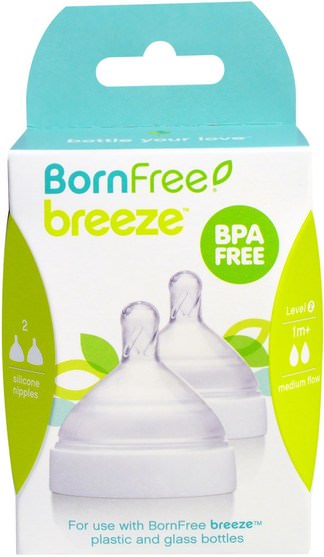 兒童健康，嬰兒餵養，嬰兒奶瓶，兒童食品 - Born Free, Breeze, Silicone Nipples, Medium Flow, 1m+, 2 Pack