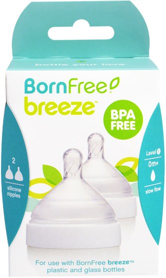 兒童健康，嬰兒餵養，嬰兒奶瓶，兒童食品 - Born Free, Breeze, Silicone Nipples, Slow Flow, 0m+, 2 Pack
