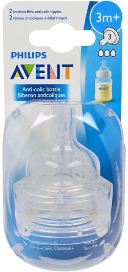 兒童健康，嬰兒餵養，嬰兒奶瓶 - Philips Avent, Classic+, BPA Free Medium Flow Nipples, 3+ Months, 2 Piece