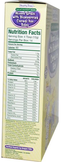 兒童健康，嬰兒餵養，嬰兒穀物，兒童食品 - Healthy Times, Organic Cereal for Baby, Mixed Grain with Blueberries, 6 oz (170 g)