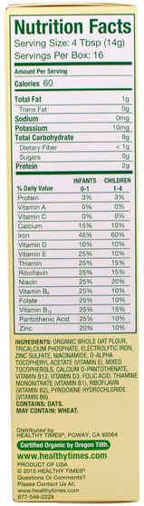 兒童健康，嬰兒餵養，嬰兒穀物，兒童食品 - Healthy Times, Organic Cereal for Baby, Oatmeal, 8 oz (227 g)