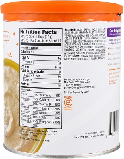 兒童健康，嬰兒餵養，嬰兒穀物 - Nurture (Happy Baby), Organic Probiotic Baby Cereal, Multi-Grain, 7 oz (198 g)