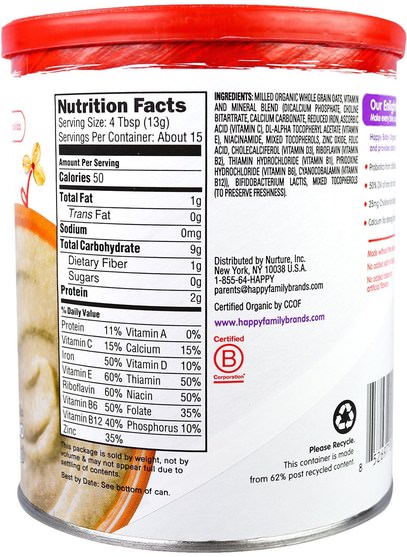 兒童健康，嬰兒餵養，嬰兒穀物 - Nurture (Happy Baby), Organic Probiotic Baby Cereal, Oatmeal, 7 oz (198 g)