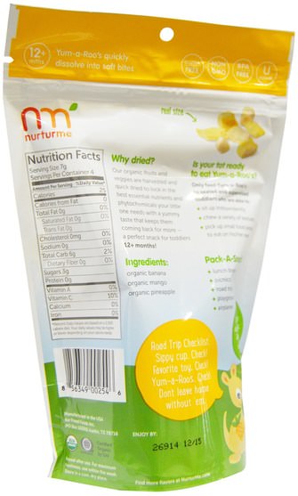 兒童健康，嬰兒餵養，嬰兒零食和手指食品，泡芙，幼兒小吃 - NurturMe, Organic Toddler Snacks, Yum-A-Roos, Banana + Mango + Pineapple, 1 oz (28 g)