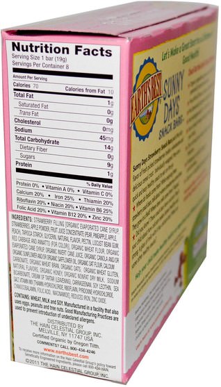 兒童健康，嬰兒餵養，嬰兒零食和手指食品，幼兒零食，兒童食品 - Earths Best, Sunny Days Snack Bars, Strawberry, 8 Bars, 0.67 oz (19 g) Each