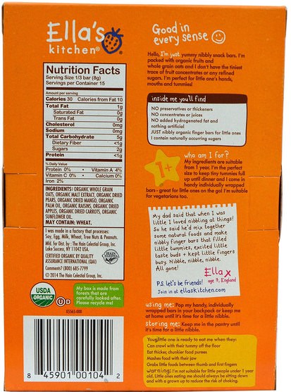 兒童健康，嬰兒餵養，嬰兒零食和手指食品，幼兒零食，兒童食品 - Ellas Kitchen, Nibbly Fingers, Mangoes + Carrots, 5 Bars, 4.4 oz (125 g)