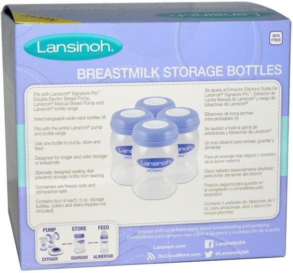 兒童健康，嬰兒餵養，母乳喂養，兒童食品 - Lansinoh, Breastmilk Storage Bottles, 4 Bottles, 5 oz (160 ml) Each