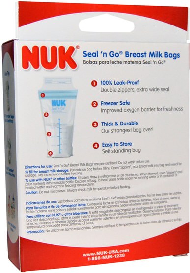 兒童健康，嬰兒餵養，母乳喂養，兒童食品 - NUK, Seal n Go Breast Milk Bags, 25 Storage Bags, 6 oz (180 ml) Each