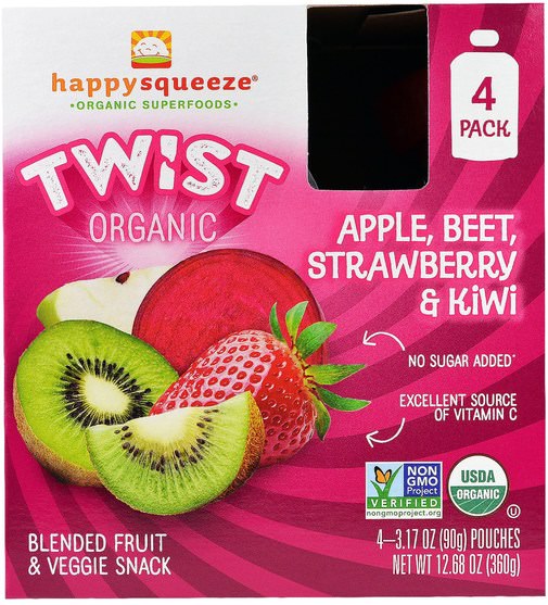 兒童健康，嬰兒餵養，食物，兒童食品 - Nurture (Happy Baby), Happy Squeeze, Organic Superfoods, Twist, Organic Apple, Beet, Strawberry & Kiwi, 4 Pouches, 3.17 oz (90 g) Each