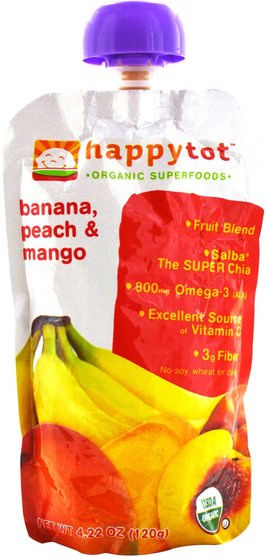 兒童健康，嬰兒餵養，食物，兒童食品 - Nurture (Happy Baby), HappyTot, Organic SuperFoods, Banana, Peach & Mango Fruit Pouch, 4.22 oz (120 g)
