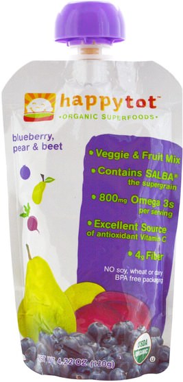 兒童健康，嬰兒餵養，食物，兒童食品 - Nurture (Happy Baby), Happytot, Organic Superfoods, Blueberry, Pear & Beet, 4.22 oz (120 g)