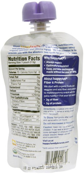 兒童健康，嬰兒餵養，食物，兒童食品 - Nurture (Happy Baby), Happytot, Organic Superfoods, Fiber & Protein, Pear, Blue Blueberry & Spinach, 4 oz (113 g)