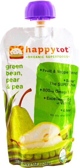 兒童健康，嬰兒餵養，食物，兒童食品 - Nurture (Happy Baby), happytot, Organic Superfoods, Green Bean, Pear and Pea, 4.22 oz (120 g)
