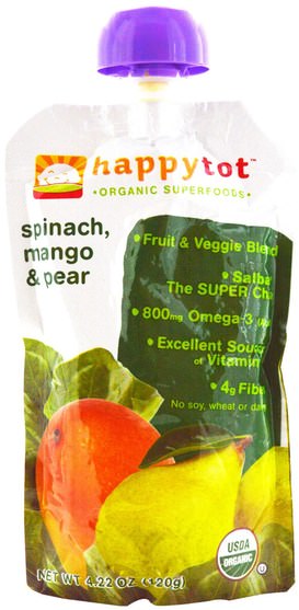 兒童健康，嬰兒餵養，食物，兒童食品 - Nurture (Happy Baby), Happytot, Organic SuperFoods, Spinach, Mango & Pear, 4.22 oz (120 g)