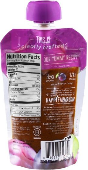 兒童健康，嬰兒餵養，食物，兒童食品 - Nurture (Happy Baby), Organic Baby Food, Stage 1, Clearly Crafted, Prunes,, 4 + Months, 3.5 oz (99 g)