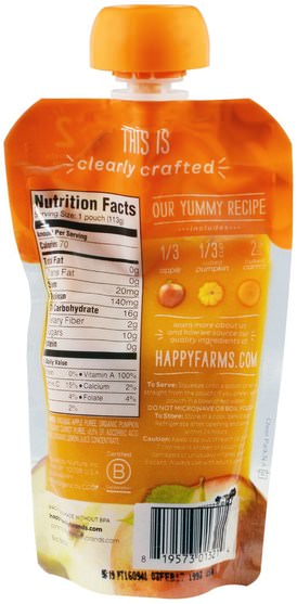 兒童健康，嬰兒餵養，食物，兒童食品 - Nurture (Happy Baby), Organic Baby Food, Stage 2, Clearly Crafted, Apples, Pumpkin & Carrots, 6+ Months, 4 oz (113 g)