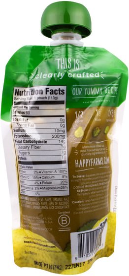 兒童健康，嬰兒餵養，食物，兒童食品 - Nurture (Happy Baby), Organic Baby Food, Stage 2, Clearly Crafted, 6+ Months, Pears, Kale & Spinach, 4.0 oz (113 g)