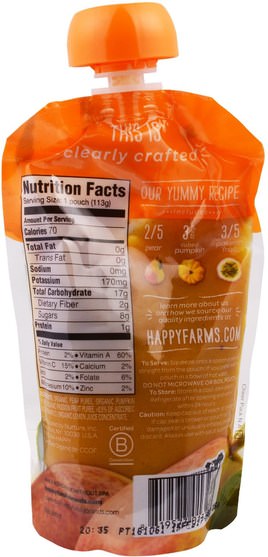 兒童健康，嬰兒餵養，食物，兒童食品 - Nurture (Happy Baby), Organic Baby Food, Stage 2, Clearly Crafted, 6+ Months, Pears, Pumpkin, & Passion Fruit, 4.0 oz (113 g)
