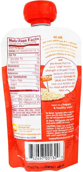 兒童健康，嬰兒餵養，食物，兒童食品 - Nurture (Happy Baby), Organic Superfoods, Apples & Butternut Squash + Super Chia, 4.22 oz (120 g)