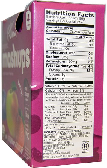 兒童健康，嬰兒餵養，食物，兒童食品 - Plum Organics, Organic Mashups, Apple Sauce + Berries, Berry, 4 Pouches, 3.17 oz (90 g) Each