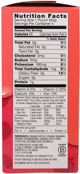 兒童健康，嬰兒餵養，食物，兒童食品 - Plum Organics, Plum, Organic Mashups, Apple Sauce + Strawberries & Bananas, Strawberry Banana, 4 Pouches, 3.17 oz (90 g) Each