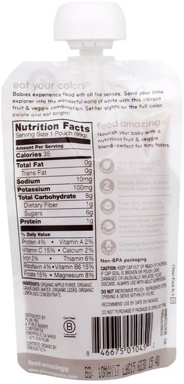 兒童健康，嬰兒餵養，食物，兒童食品 - Plum Organics, Stage 2, Eat Your Colors, White, Apple, Cauliflower & Leek, 3.5 oz (99 g)