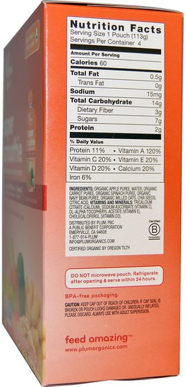 兒童健康，嬰兒餵養，食物，兒童食品 - Plum Organics, Super Smoothie, Apple, Carrot & Spinach with Beans & Oats, 4 Pouches, 4 oz (113 g) Each