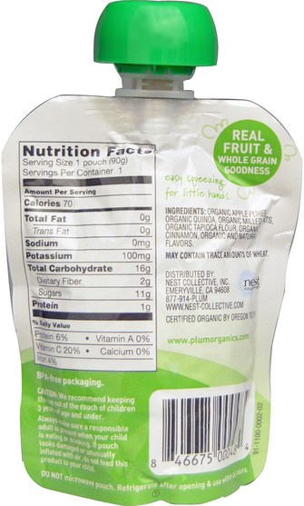 兒童健康，嬰兒餵養，食物，兒童食品 - Plum Organics, Tots, Fruit & Grain Mish Mash, Apple Cinnamon Oats & Quinoa, 3.17 oz (90 g)