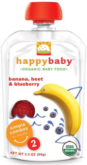 兒童健康，嬰兒餵養，食物 - Nurture (Happy Baby), Organic Baby Food, Banana, Beets & Blueberry, Stage 2, 6+ Months, 3.5 oz (99 g)