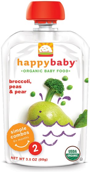 兒童健康，嬰兒餵養，食物 - Nurture (Happy Baby), Organic Baby Food, Broccoli, Peas & Pear, Stage 2, 6+ Months, 3.5 oz (99 g)
