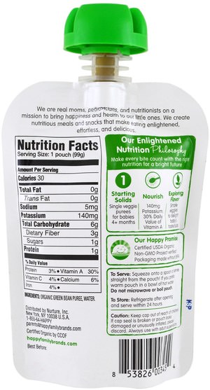 兒童健康，嬰兒餵養，食物 - Nurture (Happy Baby), Organic Baby Food, Green Beans, Stage 1, 3.5 oz (99 g)