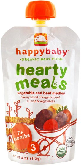 兒童健康，嬰兒餵養，食物 - Nurture (Happy Baby), Organic Baby Food, Hearty Meals, Vegetable and Beef Medley, 7+ Months, Stage 3, 4 oz (113 g)