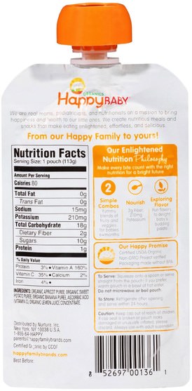 兒童健康，嬰兒餵養，食物 - Nurture (Happy Baby), Organic Baby Food, Stage 2, 6+ Months, Apricots, Sweet Potato & Bananas, 4 oz (113 g)
