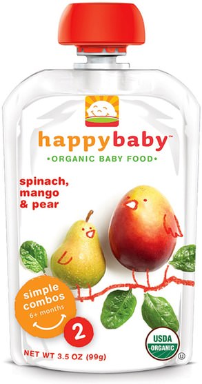 兒童健康，嬰兒餵養，食物 - Nurture (Happy Baby), Organic Baby Food, Stage 2, 6+ Months, Spinach, Mango & Pear, 3.5 oz (99 g)