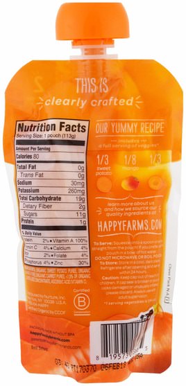 兒童健康，嬰兒餵養，食物 - Nurture (Happy Baby), Organic Baby Food, Stage 2, Clearly Crafted, Sweet Potatoes, Mangos & Carrots, 6+ Months, 4 oz (113 g)