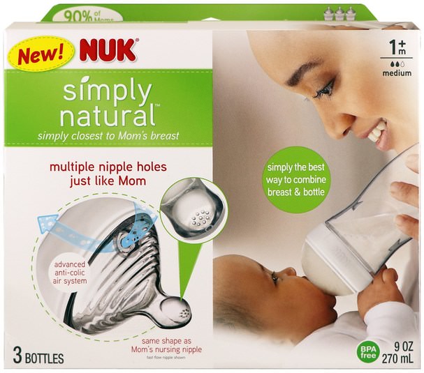 兒童健康，嬰兒餵養 - NUK, Simply Natural, Bottles, 1+ Months, Medium, 3 Pack, 9 oz (270 ml) Each
