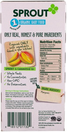 兒童健康，嬰兒餵養 - Sprout Organic Baby Food, Stage 1, Mango, 6 Pouches, 3.5 oz (99 g) Each