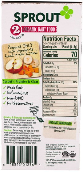 兒童健康，嬰兒餵養 - Sprout Organic Baby Food, Stage 2, Apple, Banana, Butternut Squash, 5 Pouches, 4 oz (113 g) Each
