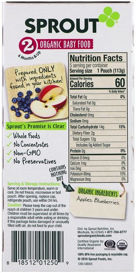 兒童健康，嬰兒餵養 - Sprout Organic Baby Food, Stage 2, Apple, Blueberry, 5 Pouches, 4 oz (113 g) Each